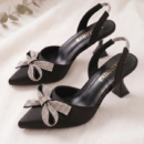 Women's Beige Bow Slingback High Heels | Pointed Toe Embellished Heels - Image 2