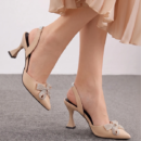 Women's Beige Bow Slingback High Heels | Pointed Toe Embellished Heels - Image 1