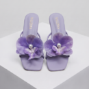 Women's Pink Floral Flat Mule Sandals | Elegant Orchid Embellished Slip On Flats - Image 3