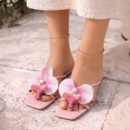 Women's Pink Floral Flat Mule Sandals | Elegant Orchid Embellished Slip On Flats - Image 1