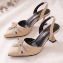 Women's Beige Bow Slingback High Heels | Pointed Toe Embellished Heels - Image 3