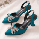 Women's Beige Bow Slingback High Heels | Pointed Toe Embellished Heels - Image 4