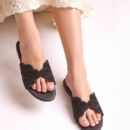 Women's Black Embellished Bow Flat Slide Sandals | Elegant Open Toe Slip On Flats - Image 1