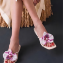 Women's White Floral Bow Flat Mule Sandals | Elegant Open Toe Slip On Flats - Image 1