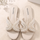 Women's Pearl Embellished Cross Strap Flat Slide Sandals | Elegant Open Toe Flats - Image 2