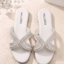 Women's Pearl Embellished Cross Strap Flat Slide Sandals | Elegant Open Toe Flats - Image 3