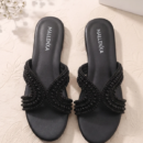 Women's Pearl Embellished Cross Strap Flat Slide Sandals | Elegant Open Toe Flats - Image 4