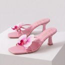 Women's Floral Embellished Kitten Heel Mules | Elegant Open Toe Slip On Sandals - Image 4
