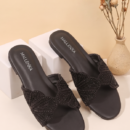 Women's Black Embellished Bow Flat Slide Sandals | Elegant Open Toe Slip On Flats - Image 3