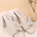 Women's Black Embellished Bow Flat Slide Sandals | Elegant Open Toe Slip On Flats - Image 2