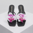 Women's White Floral Bow Flat Mule Sandals | Elegant Open Toe Slip On Flats - Image 3