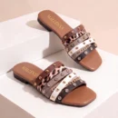 Women's Leopard Print Studded Slide Sandals Comfort Slip-On Slippers - Image 4