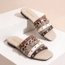 Women's Leopard Print Studded Slide Sandals Comfort Slip-On Slippers - Image 3