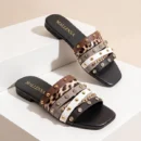 Women's Leopard Print Studded Slide Sandals Comfort Slip-On Slippers - Image 5